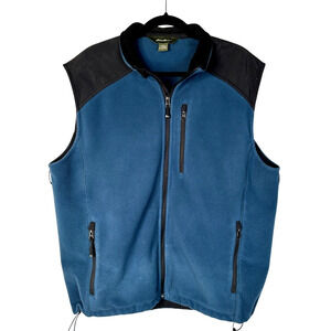 Eddie Bauer Men's L Full Zip Fleece Vest $119 Pockets Warm Jacket Blue Black EUC